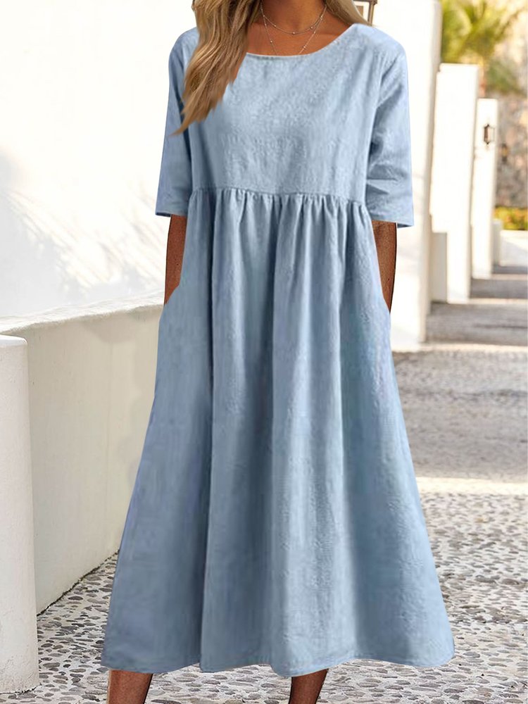 Crew Neck Plain Loose Pocket Long Midi Dress  QPQ103 - fabuloryshop