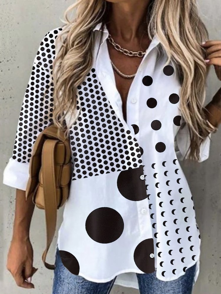 Casual Polka Dots Long Sleeve Shirt Collar Printed Blouses  WZ68 - fabuloryshop