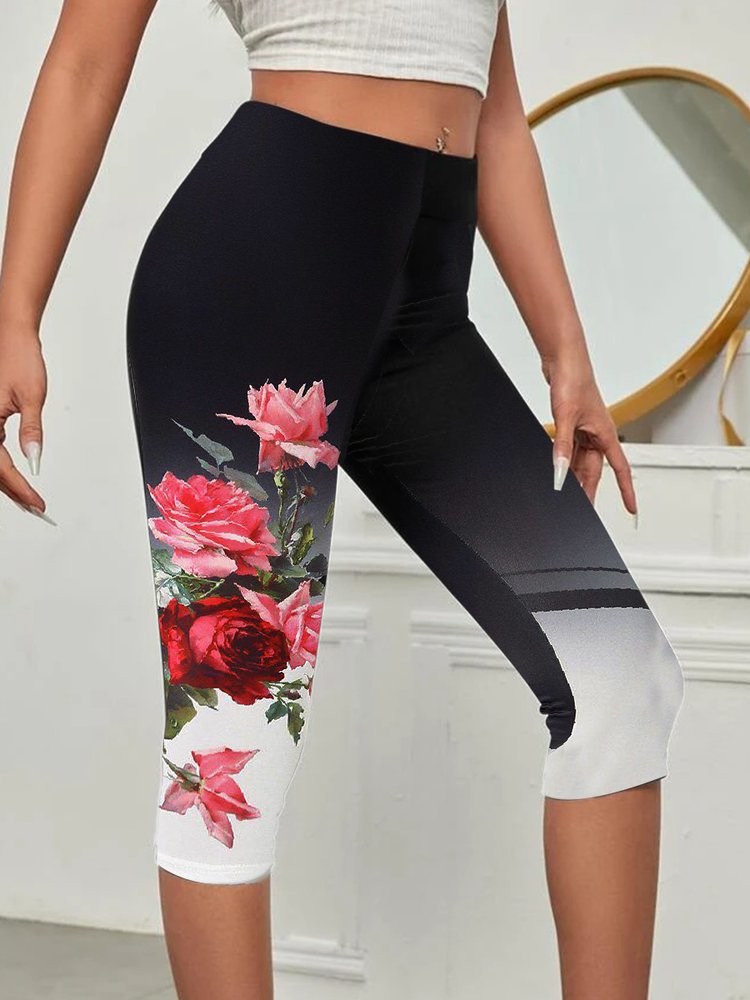 JFN Floral Design Color Block Casual High-stretch Knitted Capris Leggings  QS87
