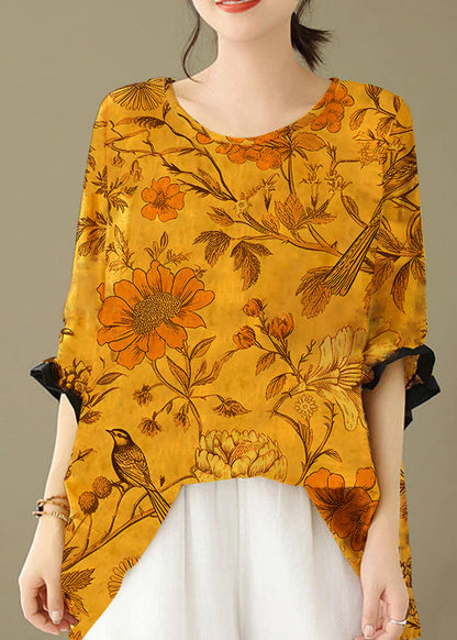 Yellow Print Patchwork Cotton Loose Tops O Neck Summer LY4905 - fabuloryshop