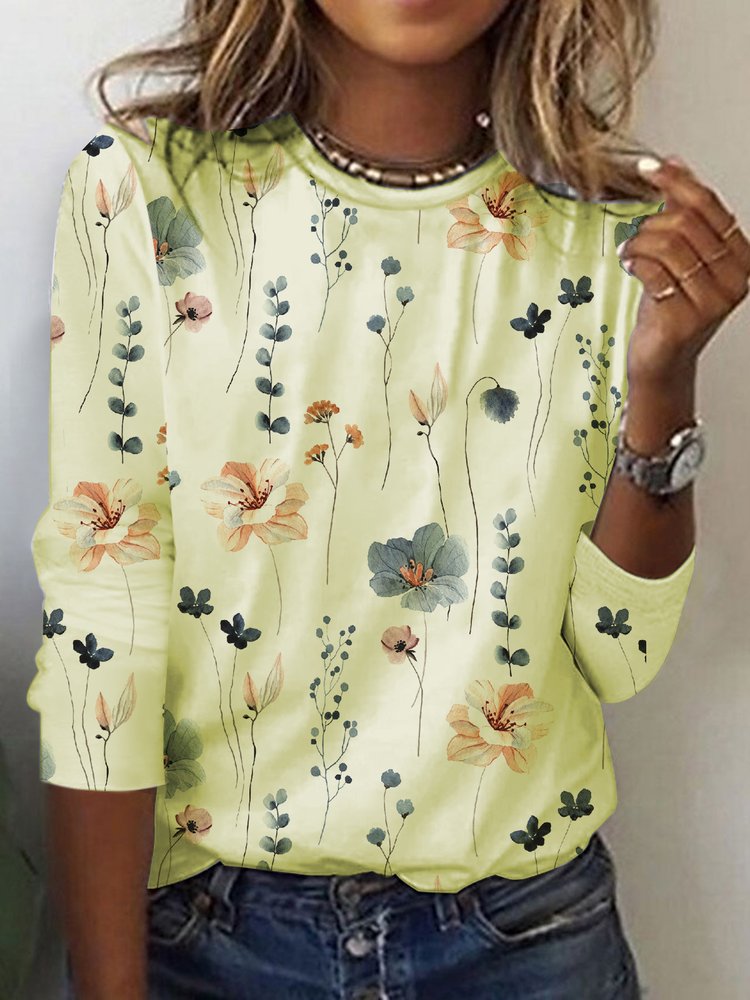 Country Floral Casual Crewneck Knit T-Shirt  QR106 - fabuloryshop