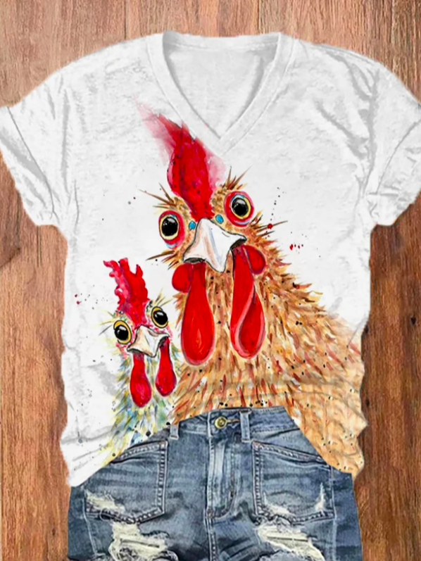 Women&#x27;s Fun Chicken Print V-Neck Loose V Neck Casual T-Shirt  WS119 - fabuloryshop