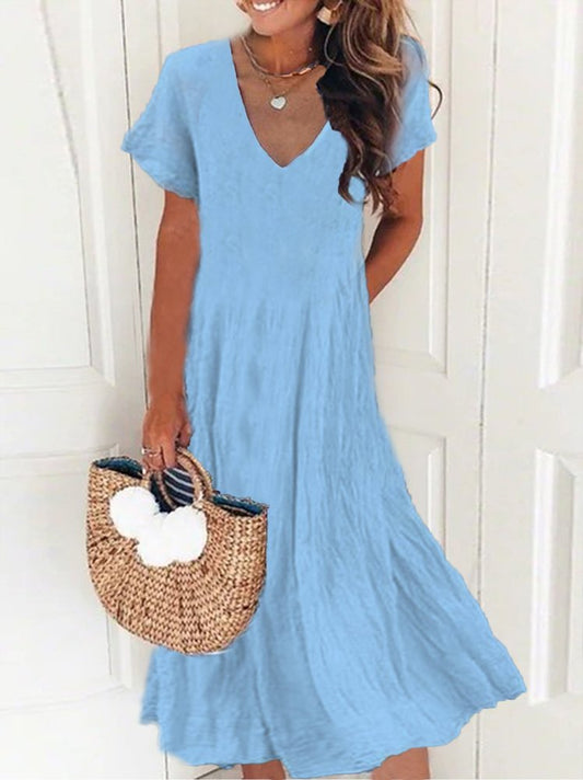 New Women Chic Plus Size Vintage Boho Hippie Short Sleeve V Neck Plain Casual Weaving Dress  QA59 - fabuloryshop