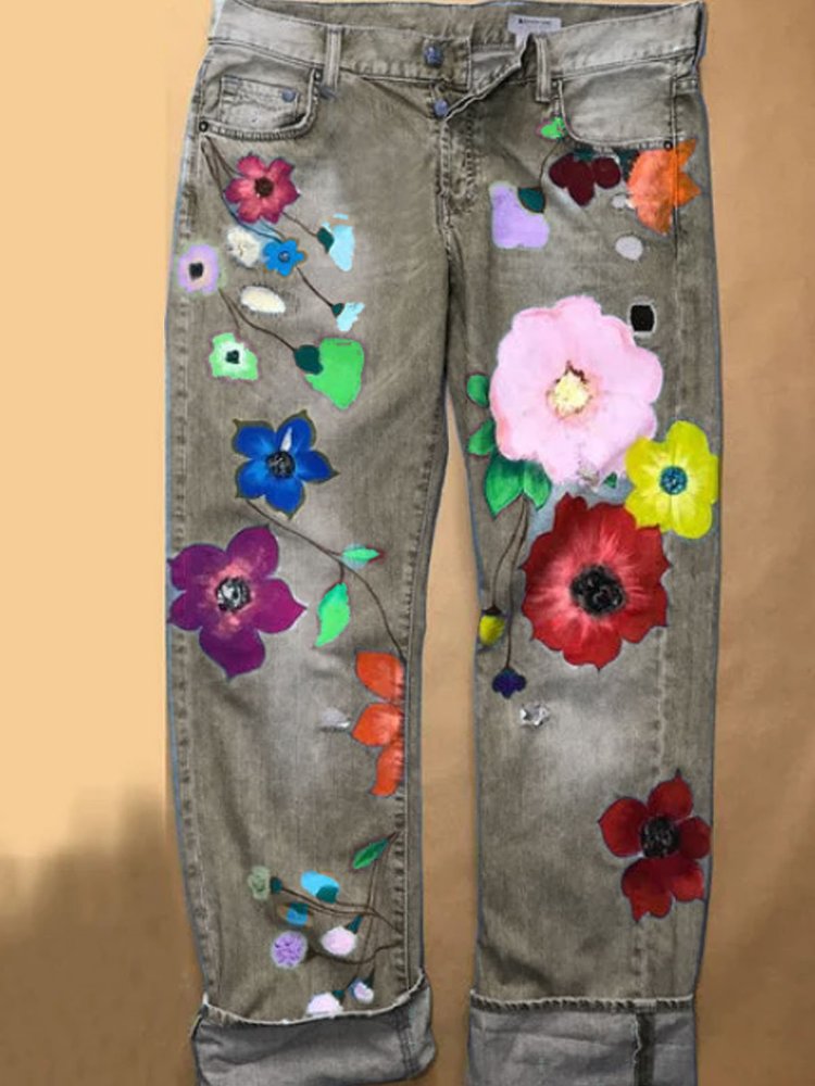 Fashion Denim Floral Casual Jeans  QS91 - fabuloryshop