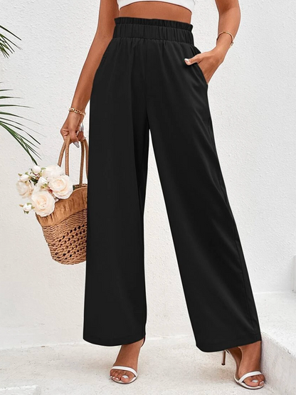 Cotton Casual Plain Paperbag Waist Wide Leg Pants  WX96 - fabuloryshop