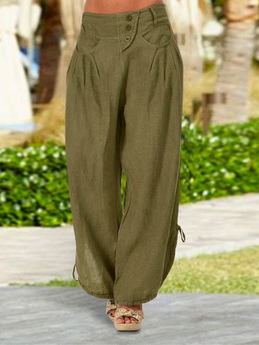 Casual Button Fly Dual Pocket Drawstring Wide Leg Pants  WX85 - fabuloryshop