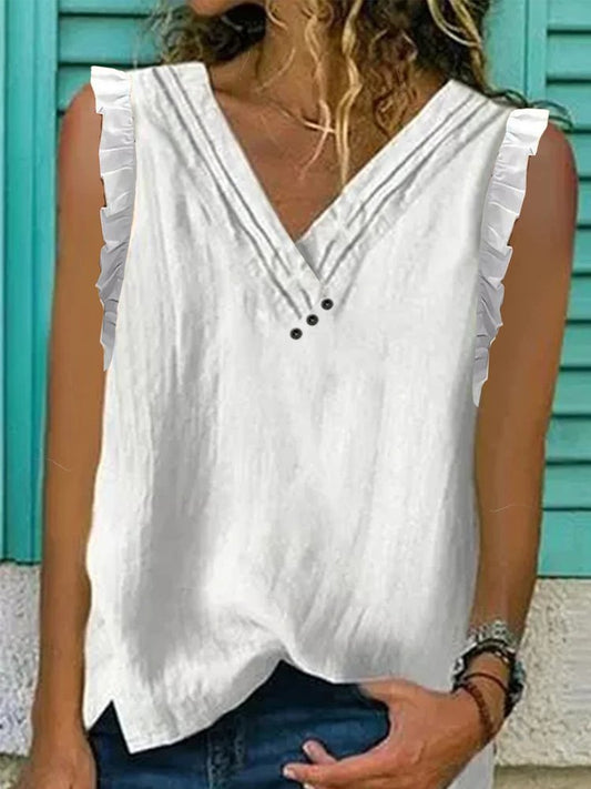 women&#x27;s ruffled irregular collar Regular Fit Linen Tank Top  WG89 - fabuloryshop