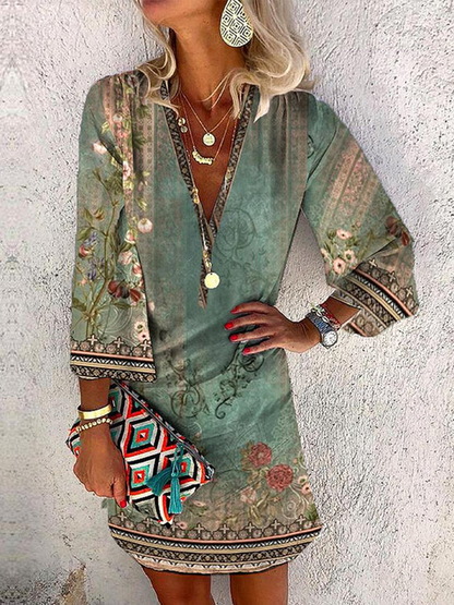 Floral Boho V Neck Loose Dress  QU74 - fabuloryshop