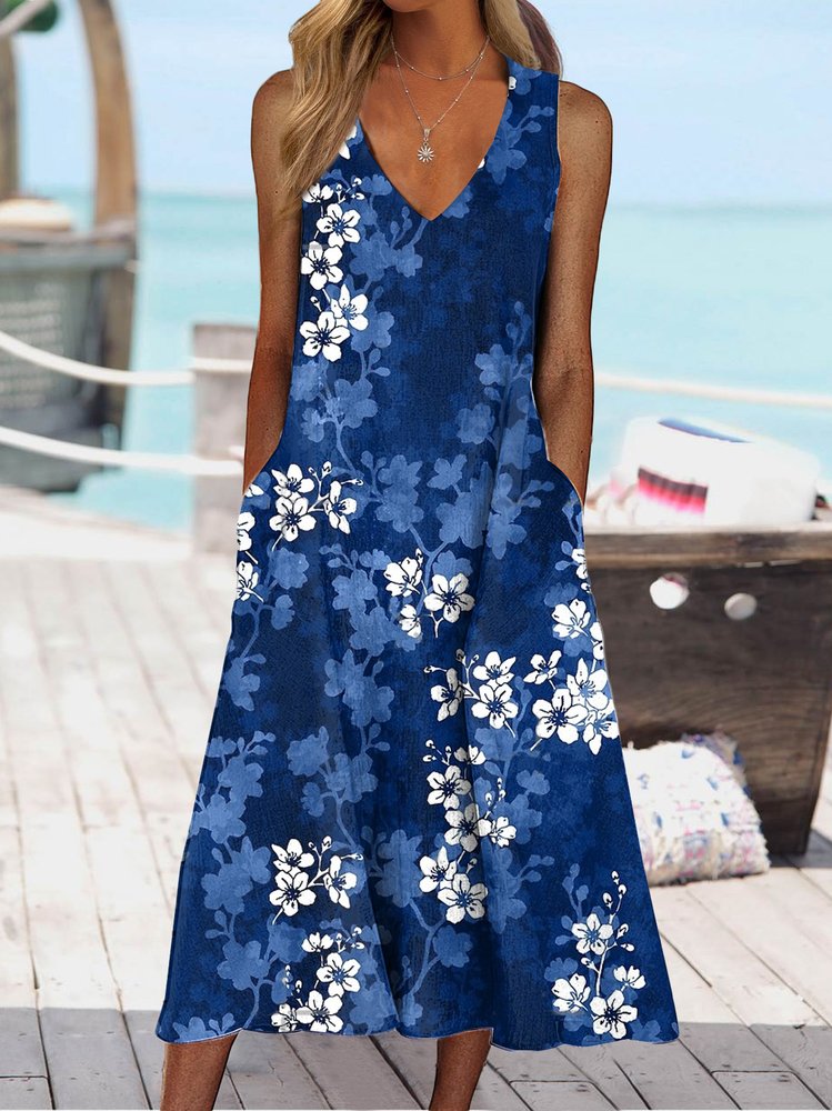 Vacation V neck Regular Fit Floral Dress  QPQ116 - fabuloryshop