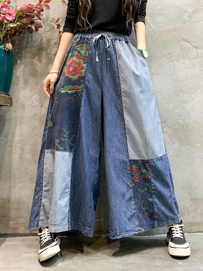 Color-Block Bandage Embroidered Wide Leg Denim Pants LY3924 - fabuloryshop