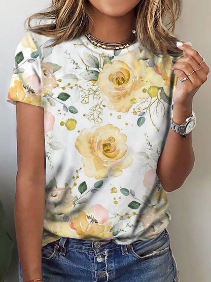 Women&#x27;s Rose Print Crew Neck Floral Casual T-Shirt  cc206 - fabuloryshop