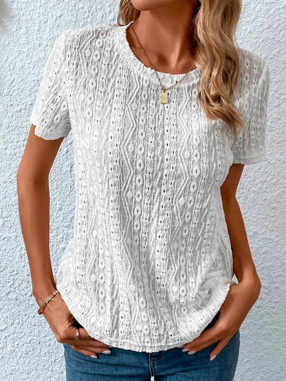 Loose Casual Crew Neck Solid Eyelet Embroidery Round Neck Tee  mm242 - fabuloryshop