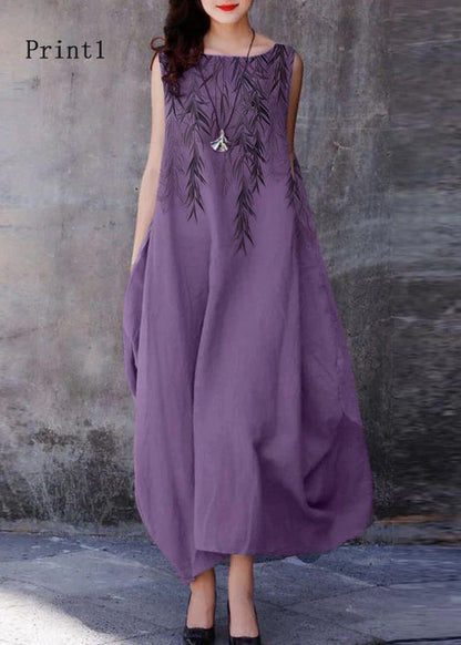 Bohemian Purple O-Neck Exra Large Hem Cotton Dresses Sleeveless LY2607 - fabuloryshop