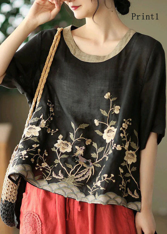 Organic Black Embroideried Low High Design Linen Tanks Short Sleeve TG1014 - fabuloryshop