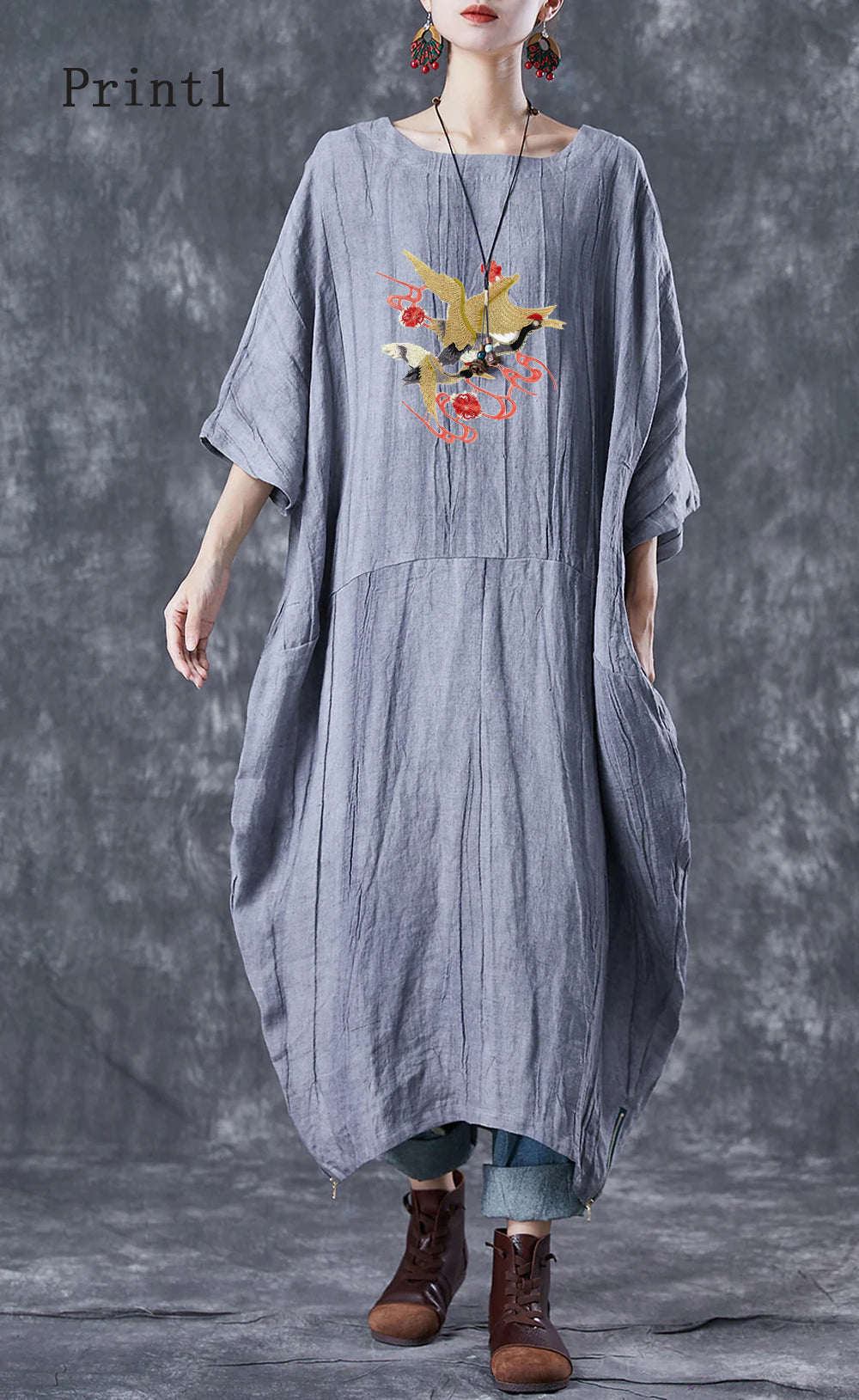 French Grey Oversized Patchwork Linen Dresses Batwing Sleeve Ada Fashion