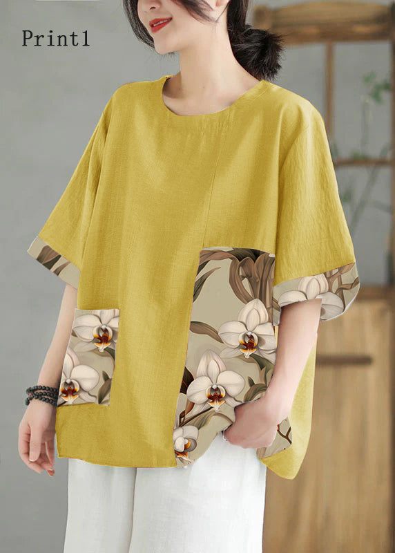 Women Orange O Neck Print Patchwork Linen T Shirt Top Summer LY5281 - fabuloryshop