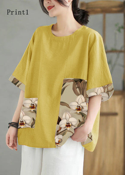 Women Orange O Neck Print Patchwork Linen T Shirt Top Summer LY5281 - fabuloryshop