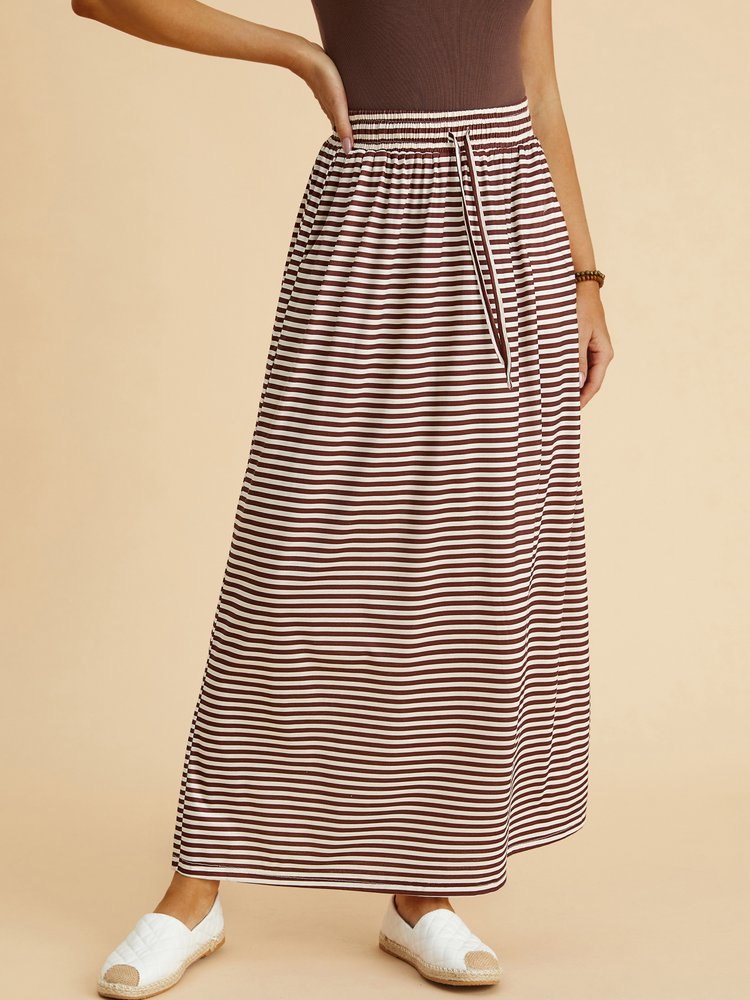 Casual Striped Elastic Waist Flared Long Skirt with Side Pockets  QS109 - fabuloryshop