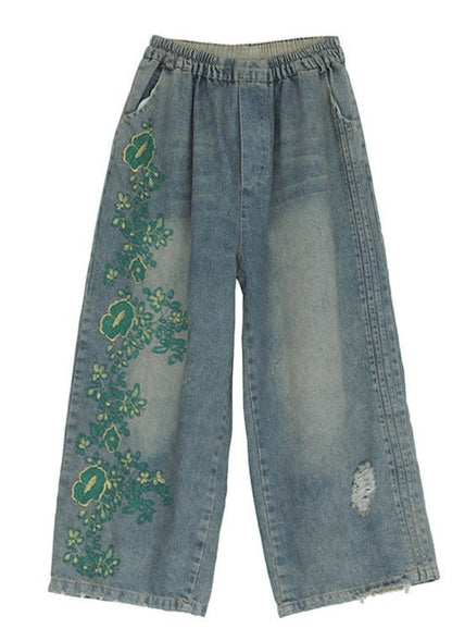 Original Embroidered Wide-Leg Column Denim Pants LY3925 - fabuloryshop