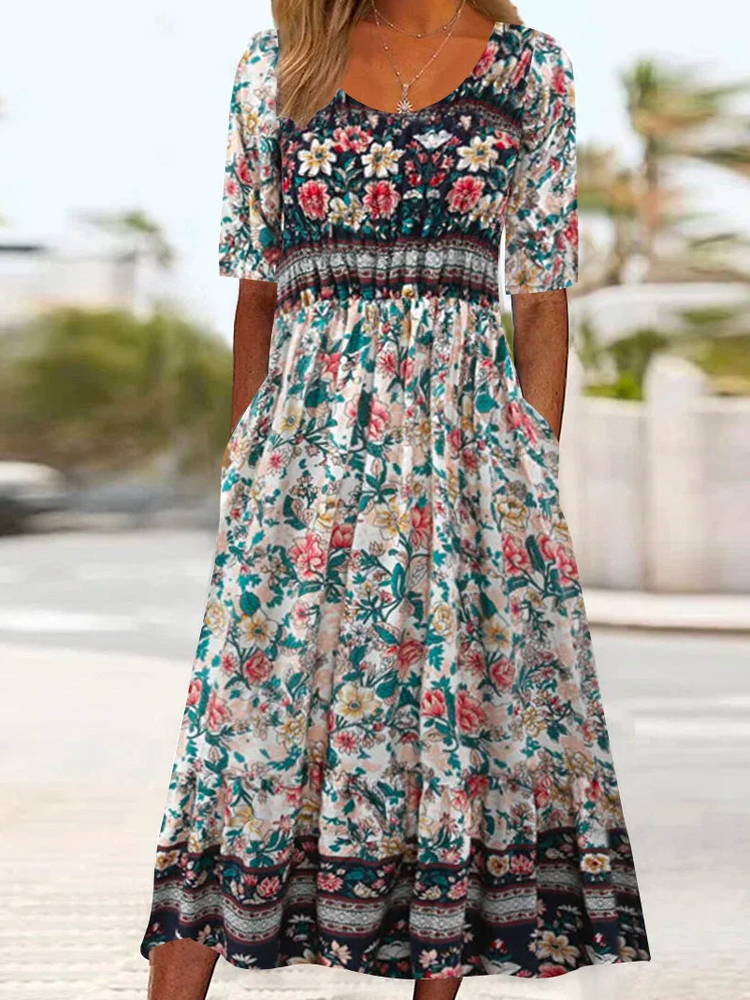 Casual Crew Neck Loose Floral Dress  QU105 - fabuloryshop