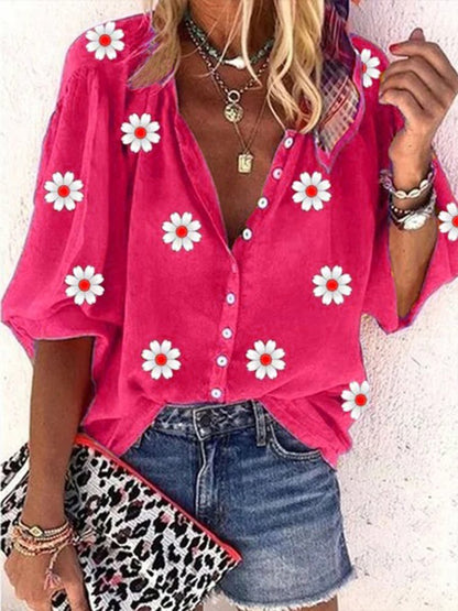 Casual Daisy Loose V neck Three Quarter Sleeve Blouse  WG64 - fabuloryshop