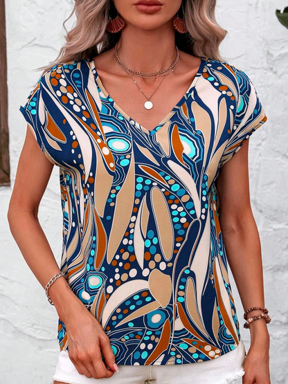 Cotton V Neck Casual Geometric Allover Print Batwing Sleeve Shirt  WS63 - fabuloryshop