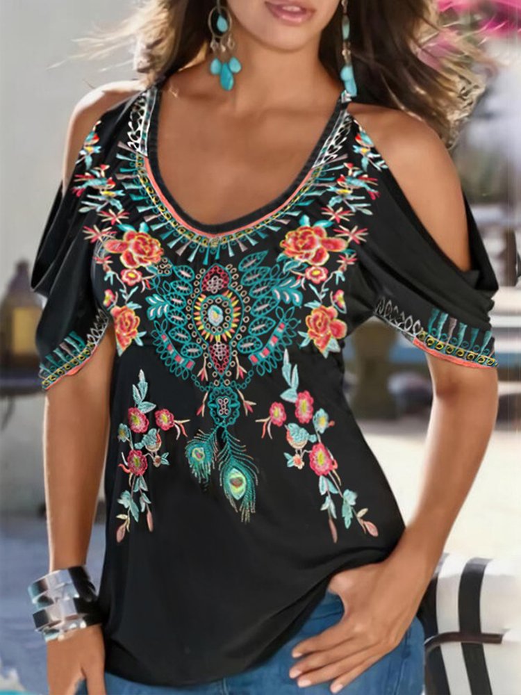 Boho V neck Printed Short Sleeve Short Sleeve T-shirt  QH114 - fabuloryshop