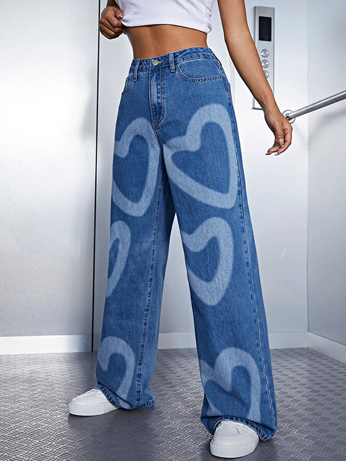 Urban Heart Shape Printed Wide Leg Denim Pants LY3966 - fabuloryshop