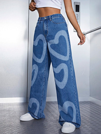 Urban Heart Shape Printed Wide Leg Denim Pants LY3966 - fabuloryshop