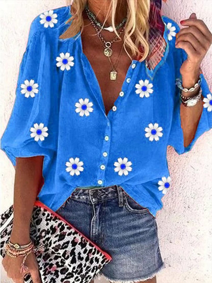 Casual Daisy Loose V neck Three Quarter Sleeve Blouse  WG64 - fabuloryshop