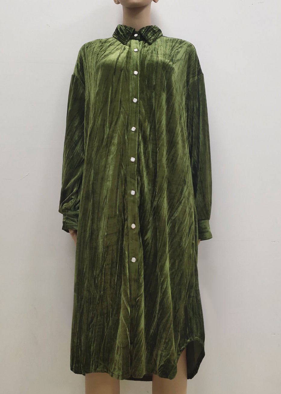 2022 Womens Ins Temperament Skirt Fashion Button Long Seeve Shirt Dress Green LY1937 - fabuloryshop