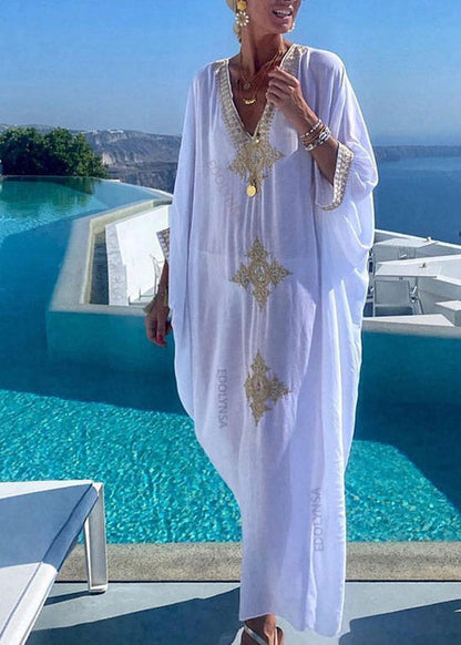 2023 Elegant Gold Embroidered Kaftan Retro V Neck White Dress LY3018 - fabuloryshop