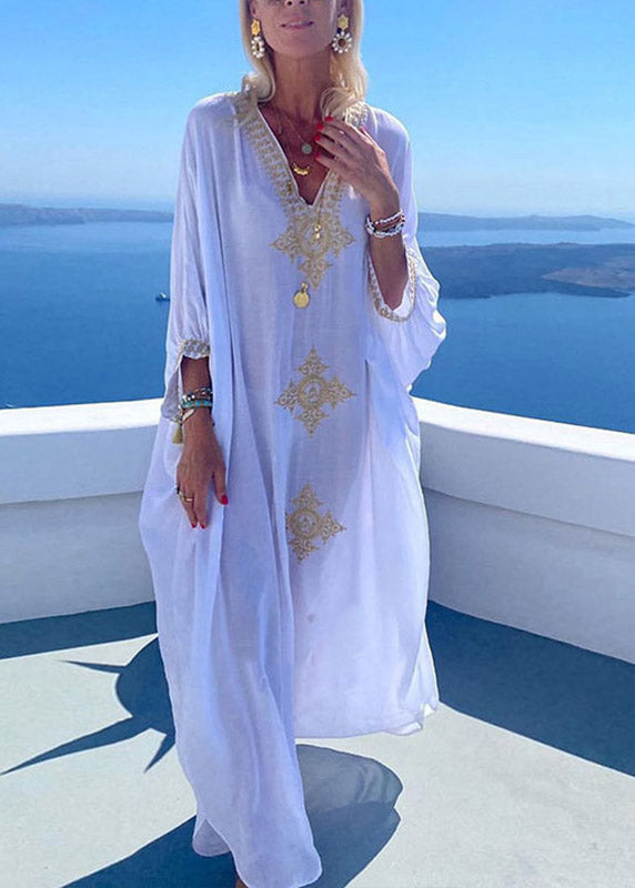 2023 Elegant Gold Embroidered Kaftan Retro V Neck White Dress LY3018 - fabuloryshop
