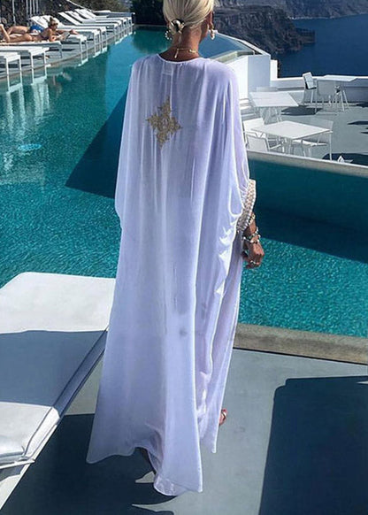 2023 Elegant Gold Embroidered Kaftan Retro V Neck White Dress LY3018 - fabuloryshop