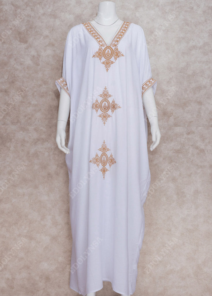 2023 Elegant Gold Embroidered Kaftan Retro V Neck White Dress LY3018 - fabuloryshop