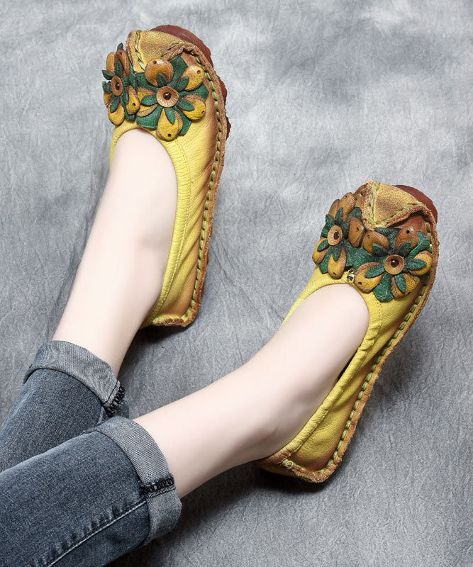 2023 Floral Splicing Flat Shoes Yellow Cowhide Leather Ada Fashion