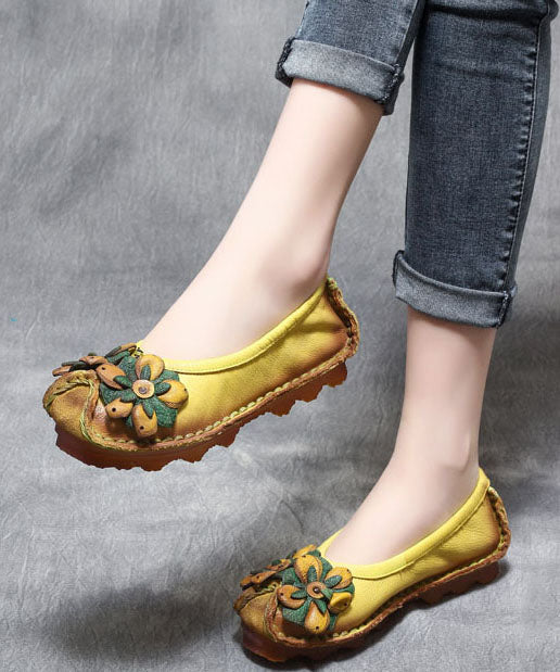 2023 Floral Splicing Flat Shoes Yellow Cowhide Leather Ada Fashion