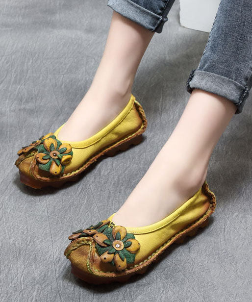 2023 Floral Splicing Flat Shoes Yellow Cowhide Leather Ada Fashion