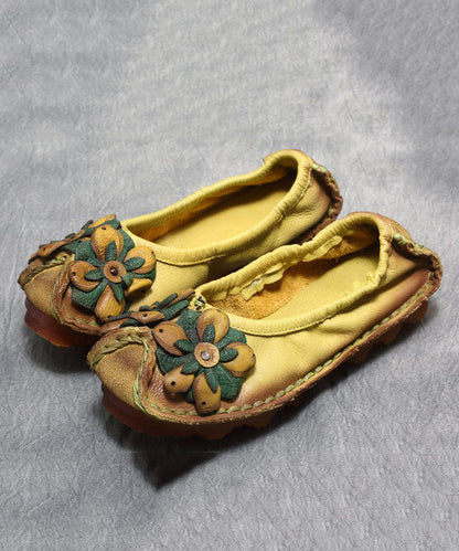 2023 Floral Splicing Flat Shoes Yellow Cowhide Leather Ada Fashion