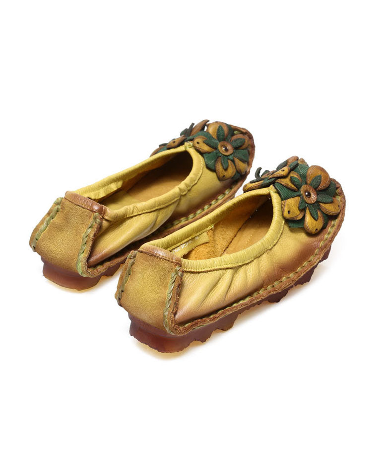 2023 Floral Splicing Flat Shoes Yellow Cowhide Leather Ada Fashion