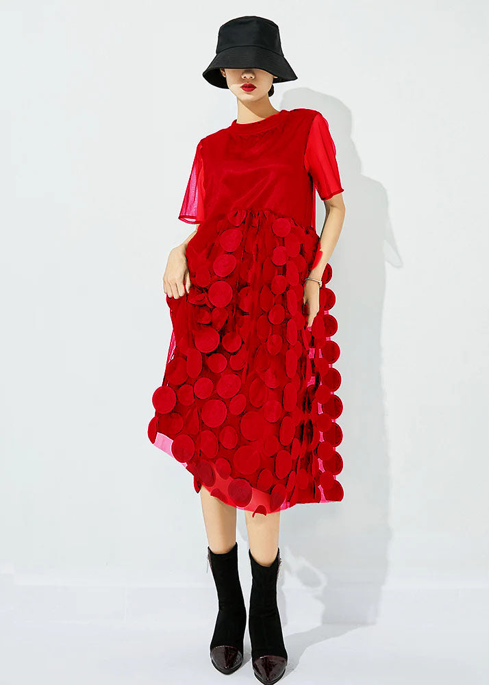 Women Red O-Neck Patchwork Dot Tulle Holiday Dress Summer LY0826 - fabuloryshop