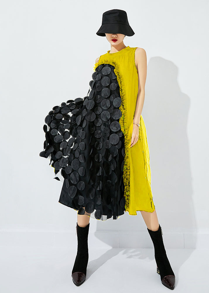 Bohemian Yellow-Black Dot Asymmetrical Patchwork Wrinkled Tulle Maxi Dress Sleeveless LY0866 - fabuloryshop