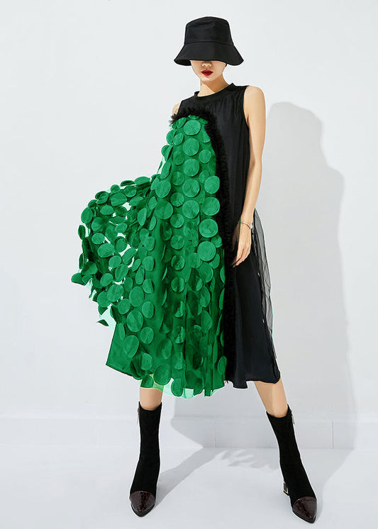 Bohemian Black-Green Dot Asymmetrical Patchwork Wrinkled Tulle Maxi Dress Sleeveless LY0870 - fabuloryshop