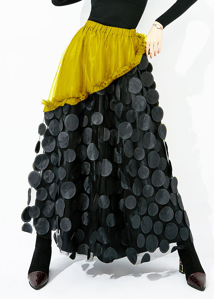 Original Design Yellow-Black Dot Elastic Waist Patchwork Wrinkled Tulle Skirt Summer LY0873 - fabuloryshop