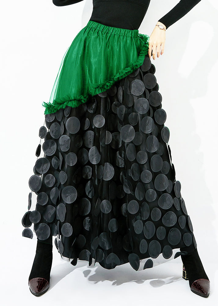 Original Design Green-Black Dot Elastic Waist Patchwork Wrinkled Tulle Skirt Summer LY0874 - fabuloryshop