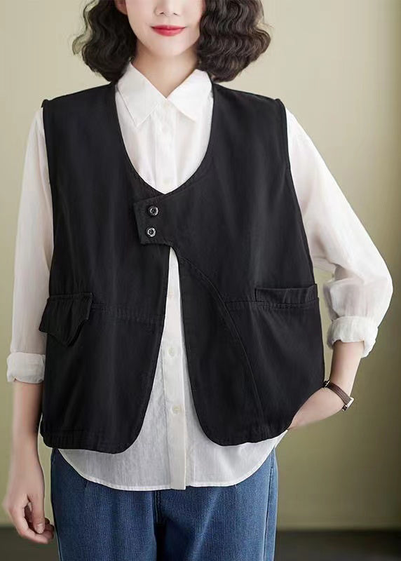 French Coffee Pockets Patchwork Cotton Vest Sleeveless LY5301 - fabuloryshop