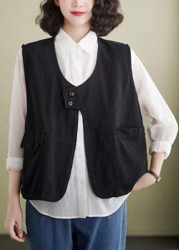 French Coffee Pockets Patchwork Cotton Vest Sleeveless LY5301 - fabuloryshop