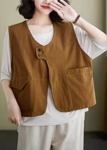 French Coffee Pockets Patchwork Cotton Vest Sleeveless LY5301 - fabuloryshop