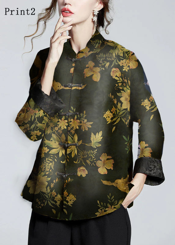 Chinese Style Print2 Stand Collar Button Print Silk Coats Long Sleeve Ada Fashion