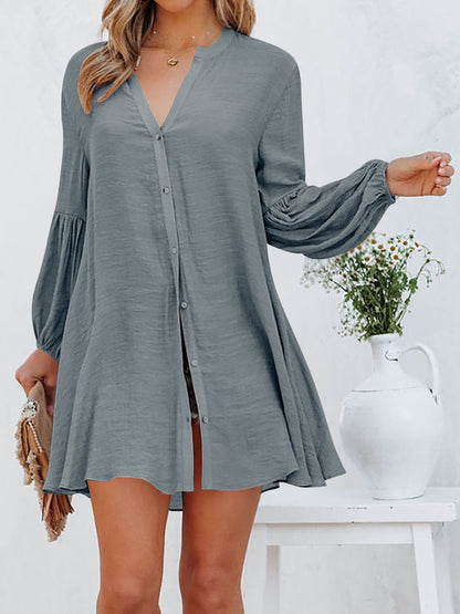 Loose V Neck Lantern Sleeve Urban Dress With No  WE84 - fabuloryshop